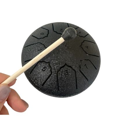 Rain Drum – 4"-Black Steel Percussion Instrument with Mallet – Soothing Sound Toy for Kids &amp; Adults