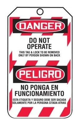 Bilingual OSHA Danger Lockout Tag: Do Not Operate - This Tag & Lock To Be Removed Only By Person Shown On Back, 25/pack (#TSP101CTP)