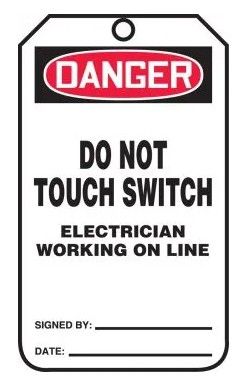OSHA Danger Safety Tag: Do Not Touch Switch - Electrician Working On Line, 25/pack (#MDT107CTP) OSHA Danger Safety Tag: Do Not Touch Switch - Electrician Working On Line, 25/pack (#MDT107CTP)