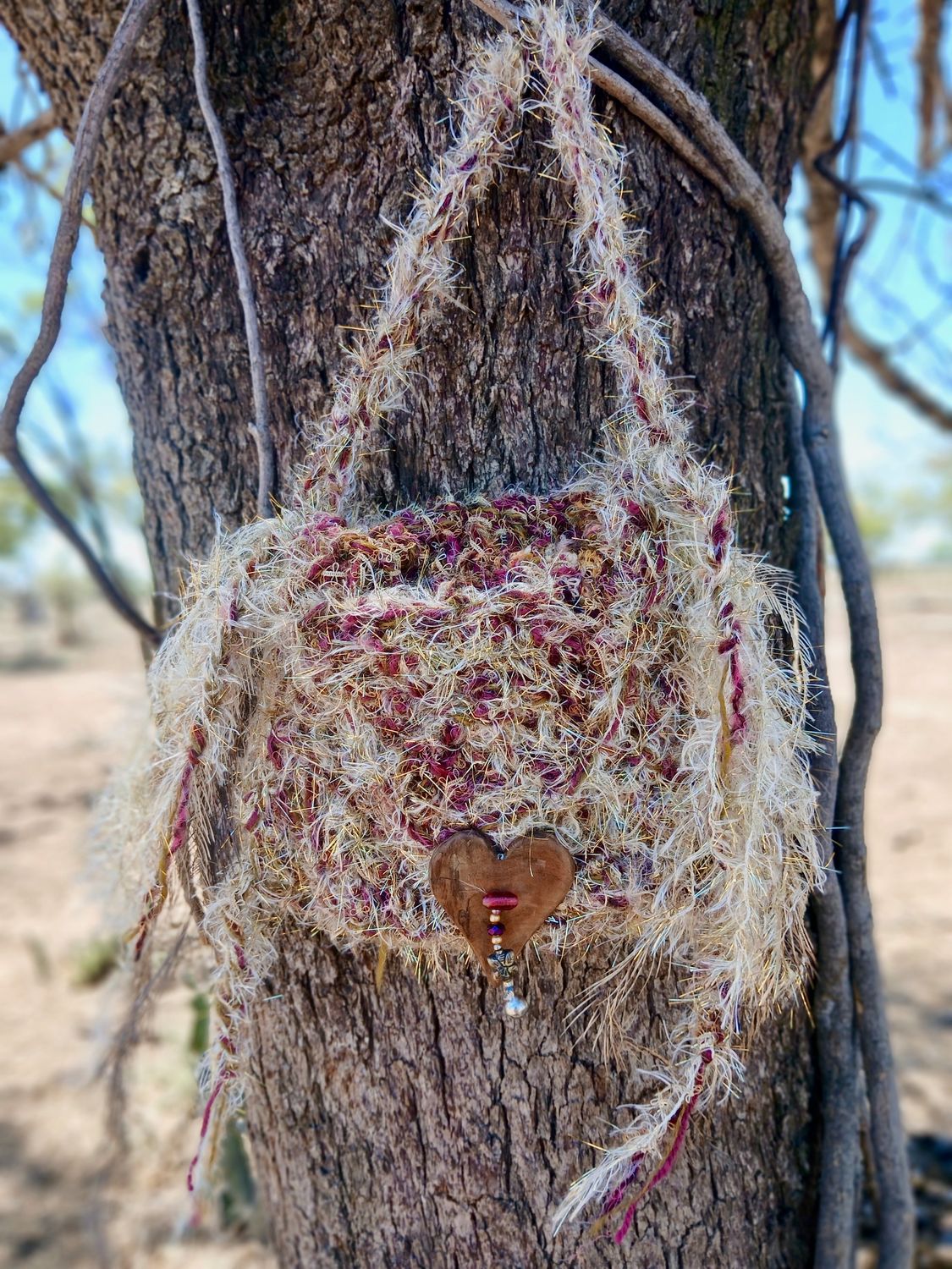 Sacred Weavings Glittery Medicine Bag with Emu feathers &amp; Sacred Pouch for crystals with carved wood heart button
