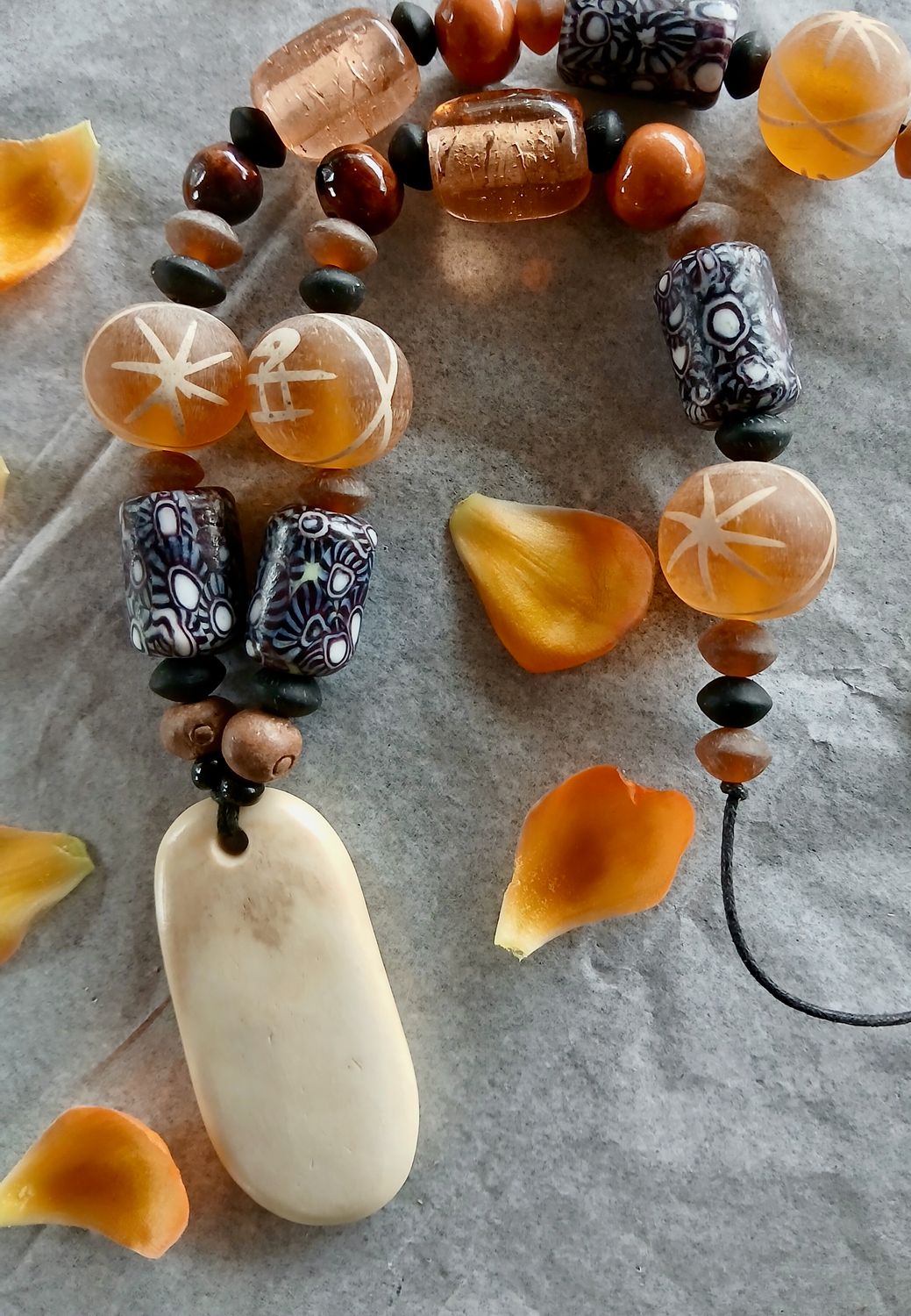 Golden Dawn power amulet with vintage beads and carved Camel Bone- Birth of the Magnificently Sacred- nothing is holding you back