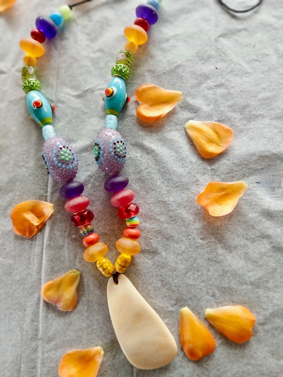 RAINBOW RISING power amulet with vintage beads and carved Camel Bone- We rise in our hearts connected by LOVE and reclaim OUR BELOVED EARTH