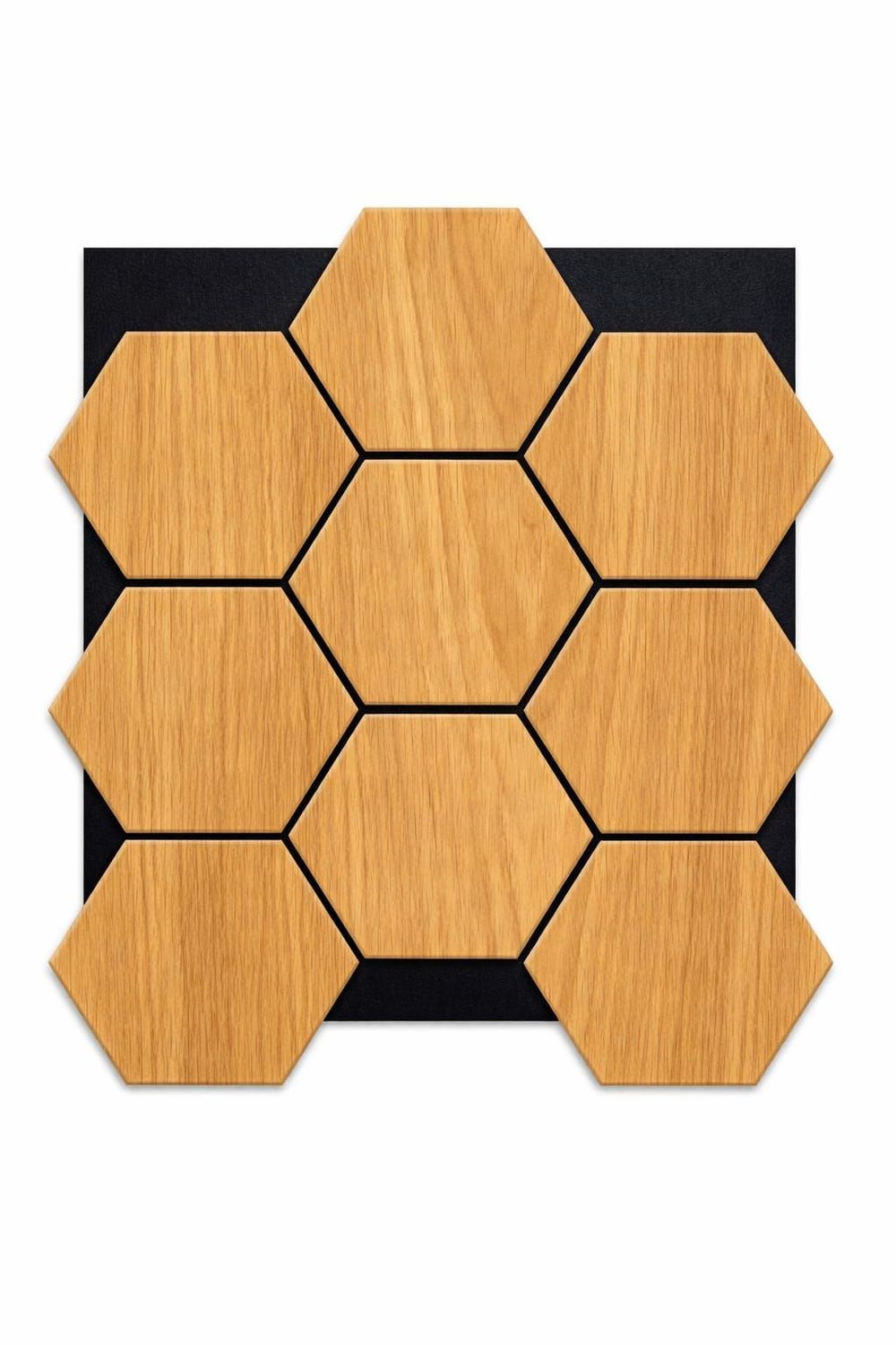 Panel acústico hexagonal decorativo de pared en MDF y fieltro PET, fonoabsorbente efecto madera 660×810×18MM