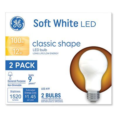 GE Classic LED Non-Dim A19 Light Bulb, 12 W, Soft White, 2/Pack