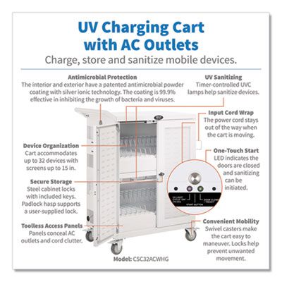 Tripp Lite by Eaton UV Sterilization and Charging Cart, 32 Devices, 34.8 x 21.6 x 42.3, White