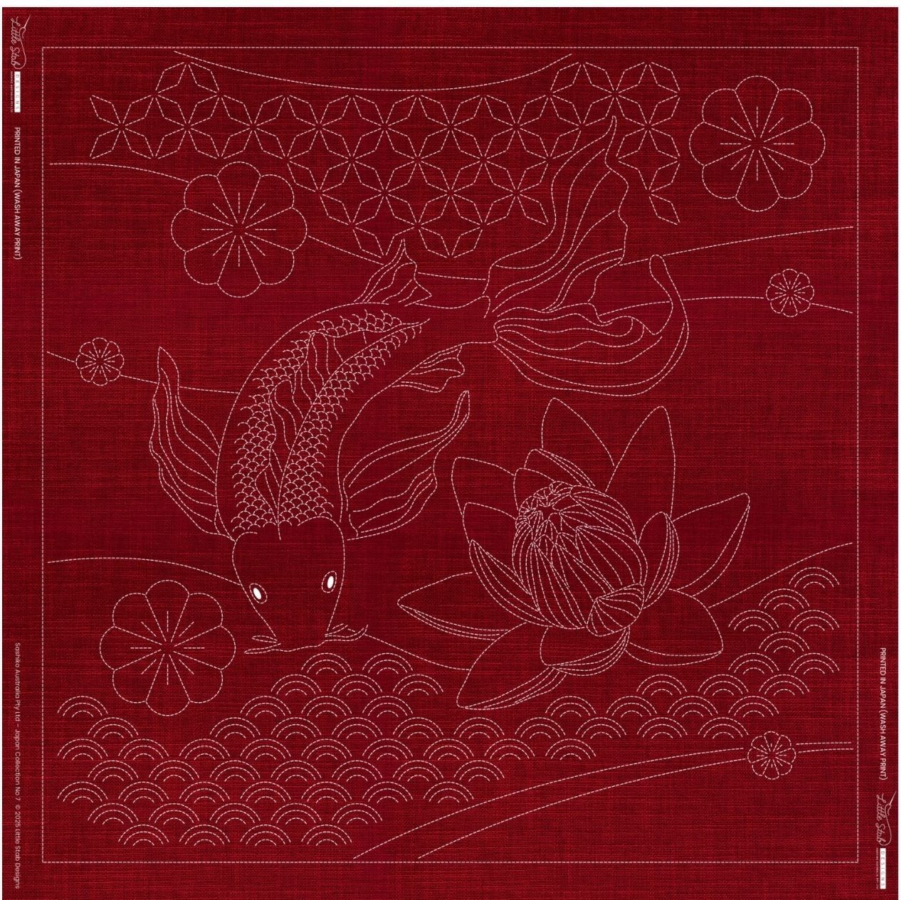 Butterfly Koi and Angled Seven Treasures Sashiko Panel 100cm x 100cm Cherry Red Butterfly Koi and Angled Seven Treasures Sashiko Panel 100cm x 100cm Cherry Red