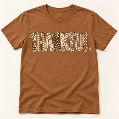 Thankful Fall T-Shirt – Brown &amp; Cream Patterned Lettering