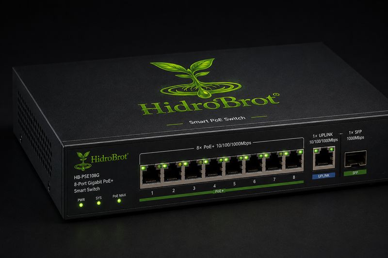 🌱 Switch PoE+ Gigabit 8 Puertos + Uplink RJ45 + SFP | HidroBrot