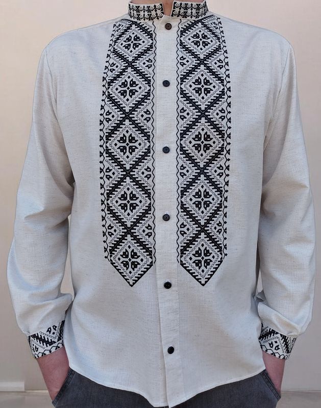 Вишиванка, чоловіча вишита сорочка на сірому льоні (Арт. 03803)
