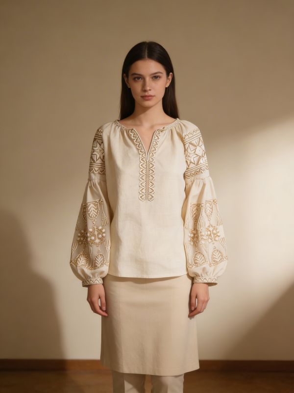 Вишиванка, жіноча вишивана блузка на бежевому льоні "Бохо" (Арт. 03810)