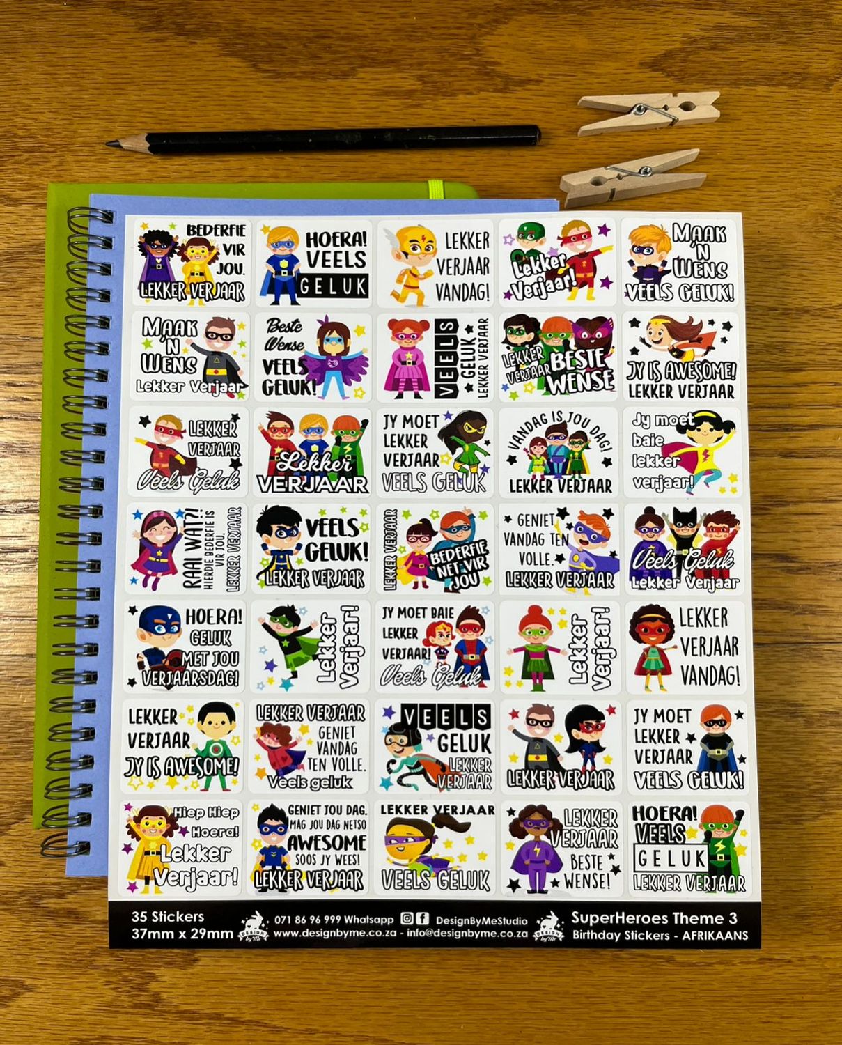 SuperHero Theme 3 Birthday gift Stickers Afrikaans