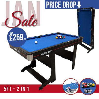 Riley 5ft 2 in 1 Folding Pool Table with Table Tennis Table - Black with Blue Cloth - Folds Vertically