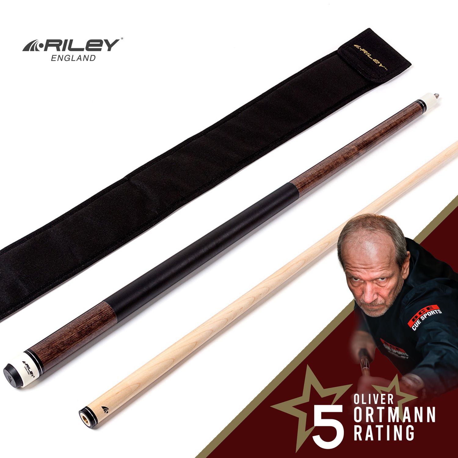 Riley American Pool Cue - Brown - 13mm Tip and Leatherette Grip Section - 147cm