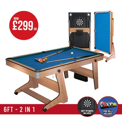 BCE 6ft Folding 2 in 1 Pool Table with Dartboard - Blue Cloth/ Beech Finish - Folds Vertically