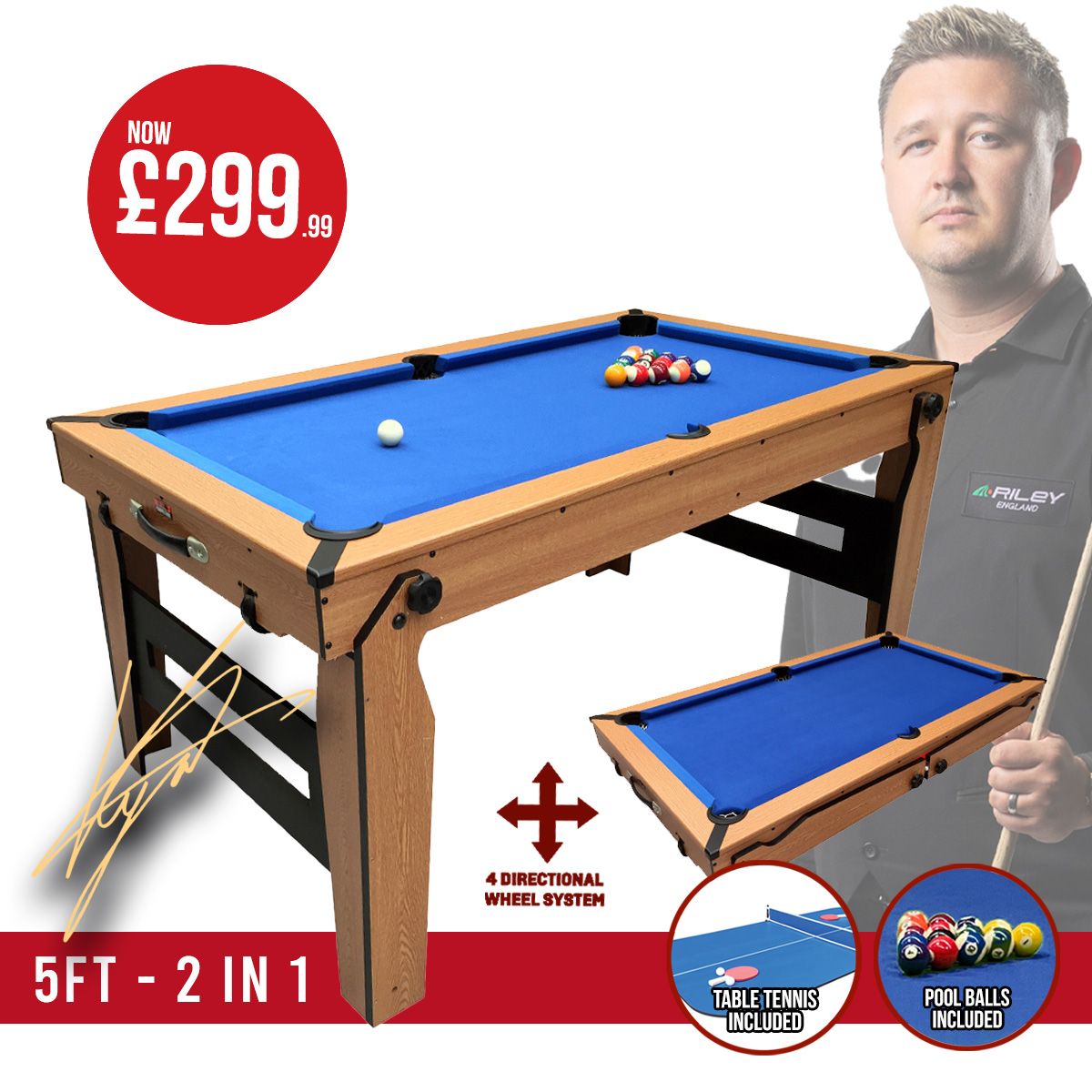 BCE 5ft Razor Folding 2 in 1 Pool Table with Table Tennis Top - Blue Cloth/ Oak Finish - Folds Flat