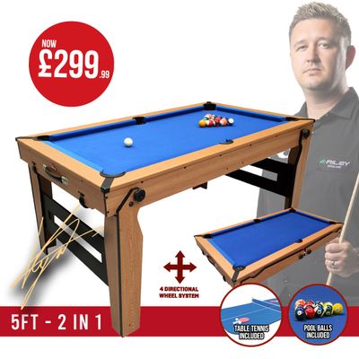 BCE 5ft Razor Folding 2 in 1 Pool Table with Table Tennis Top - Blue Cloth/ Oak Finish - Folds Flat