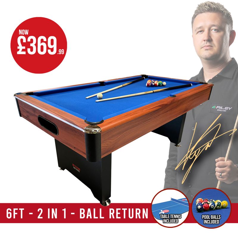 BCE 6ft 2 in 1 American Pool Table with Table Tennis Top - Black/Wood Effect with Blue Cloth - Fixed Leg - Ball Return System