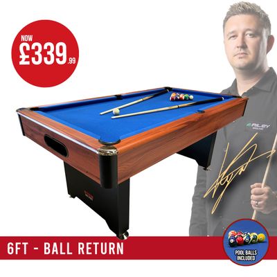 BCE 6ft American Pool Table - Black/Wood Effect with Blue Cloth - Fixed Leg - Ball Return System