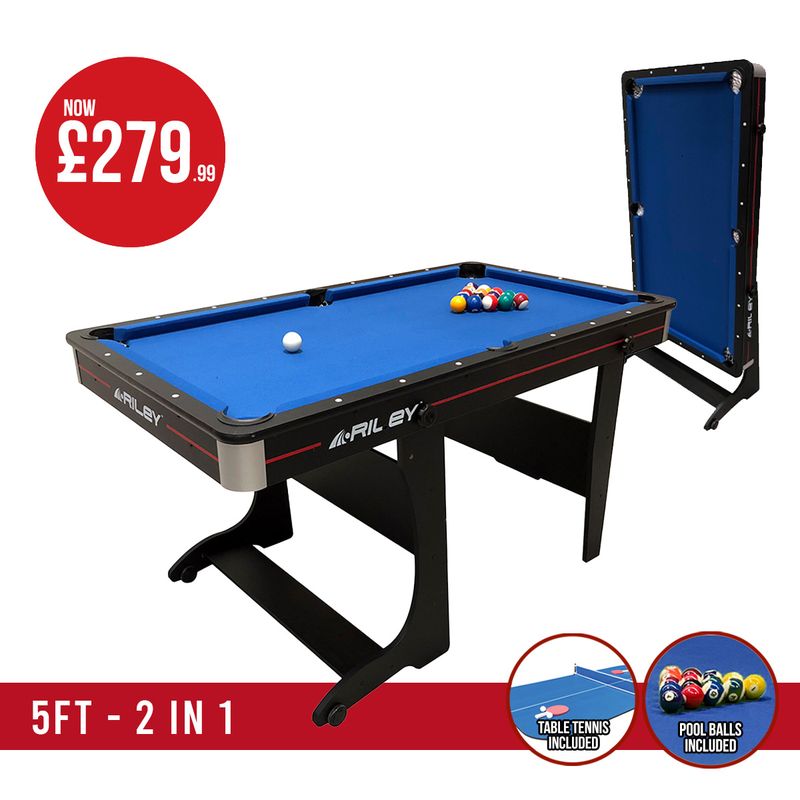 Riley 5ft 2 in 1 Folding Pool Table with Table Tennis Table - Black with Blue Cloth - Folds Vertically