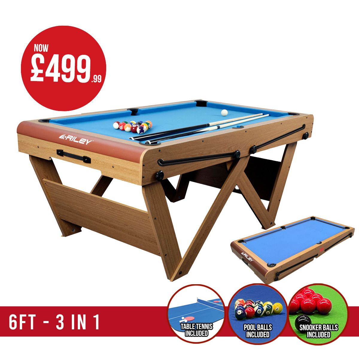 Riley 6ft Folding Snooker and Pool Table - Oak Finish with Blue Cloth - Folds Flat