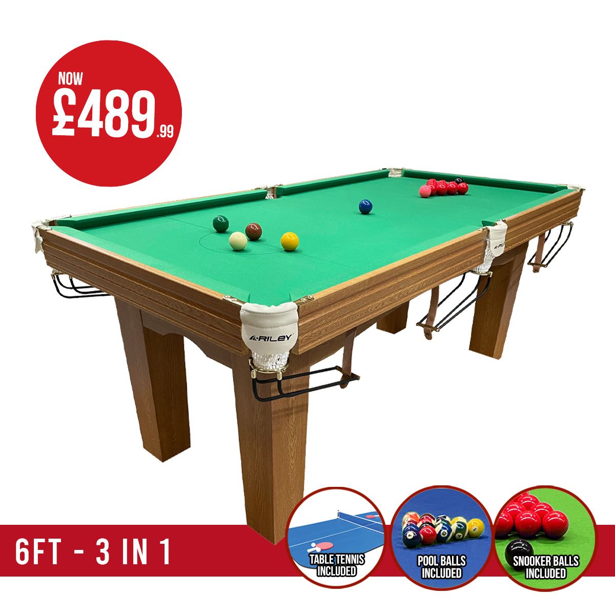 Riley 6ft Traditional Snooker and Pool Table - Oak Finish - Green Cloth - Fixed Leg - Free Table Top