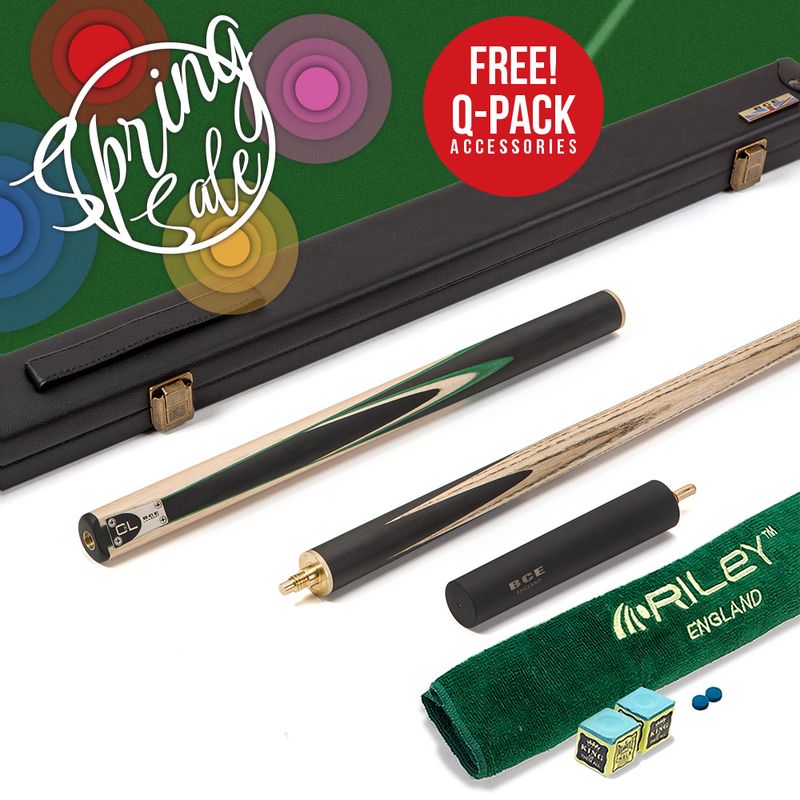 BCE C8L - 3 Piece English Pool Cue 3/4 Cut - Layered Ebonised Black Wood with 9mm Tip - 145cm - Black/ Green/ Light Wood - with Deluxe Hard Case