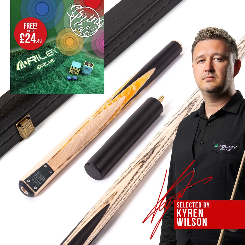 BCE Black Series - 3 Piece Snooker Cue and Hard Case - 3/4 Cut Cue - Layered Ebonised Black Wood Butt - 9.5mm Tip - 145cm - Black/ Yellow and White Marbleised Resin / Natural Wood