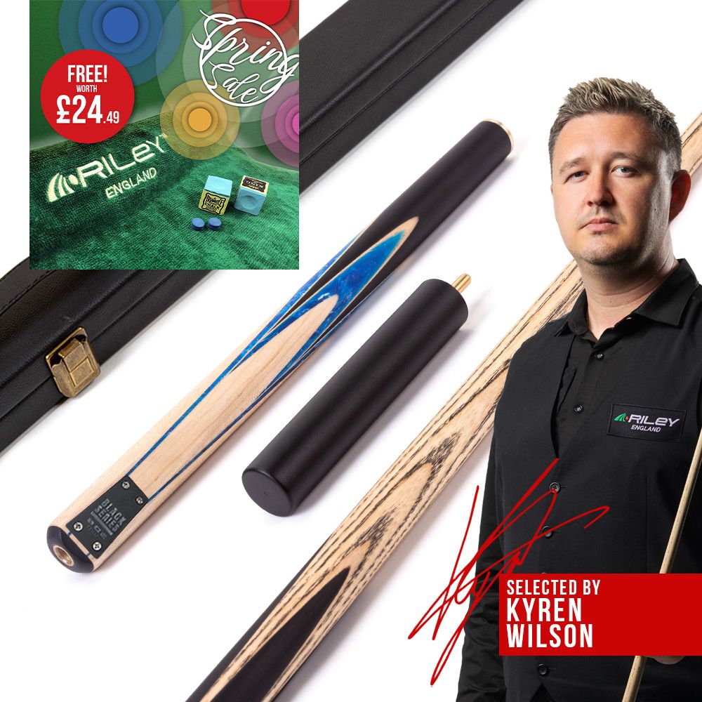 BCE Black Series - 3 Piece Snooker Cue and Hard Case - 3/4 Cut Cue - Layered Ebonised Black Wood Butt - 9.5mm Tip - 145cm - Black/ Blue and White Marbleised Resin / Natural Wood