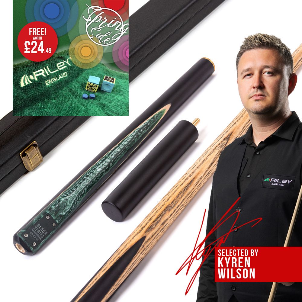 BCE Black Series - 3 Piece Snooker Cue and Hard Case - 3/4 Cut Cue - Layered Ebonised Black Wood Butt - 9.5mm Tip - 145cm - Black/ Green and White Marbleised Resin