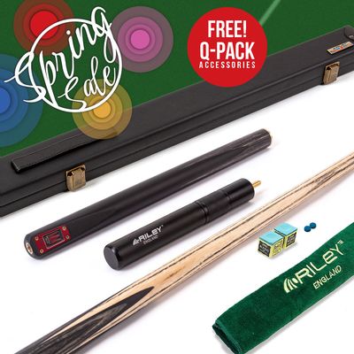 Riley Royal - 3 Piece Snooker Cue and Hard Case 3/4 Cut- Layered Ebonised Black Wood Butt - 9.5mm Tip - 145cm - Black/ Grey/ Natural
