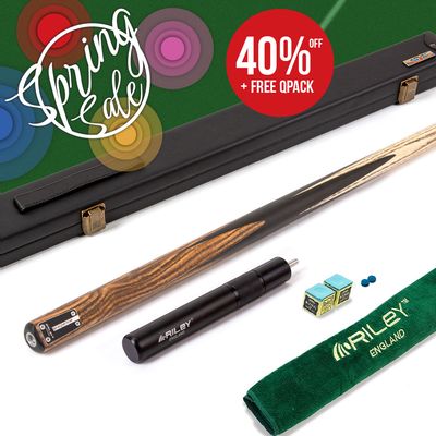 Riley Elegance - 2 Piece Snooker Cue and Hard Case - 1 Piece Cue - Ebony Butt- 9.5mm Pro Tip - 145cm - Black/ Natural Golden Sandal 360˚ Splicing