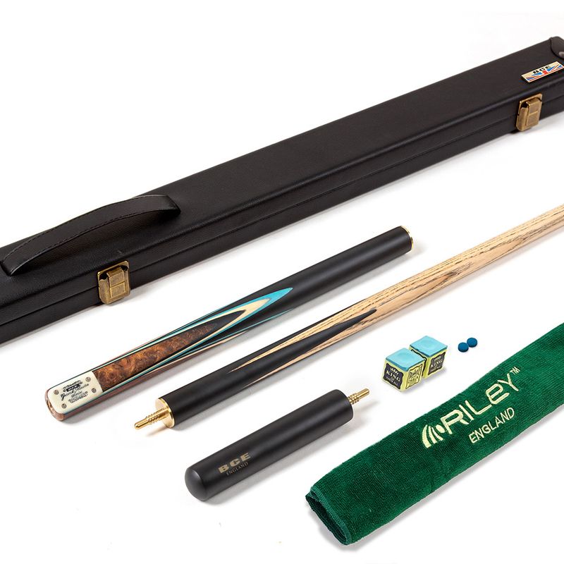 BCE 3 Piece Grand Master Snooker Cue and Hard Case 3/4 Cut- Layered Ebonised Black Wood Butt - 9.5mm Tip - 145cm - Black/ Blue/ Natural
