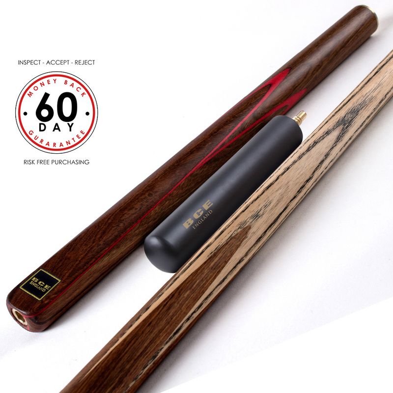 BCE 3 Piece Snooker Cue 3/4 Cut- Exotic Wood Butt with 9.5mm Tip - 145cm - Red/ Natural Wood