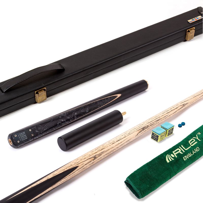 BCE Black Series - 3 Piece Snooker Cue and Hard Case - 3/4 Cut Cue - Layered Ebonised Black Wood Butt - 9.5mm Tip - 145cm - Black/ Black and White Marbleised Resin