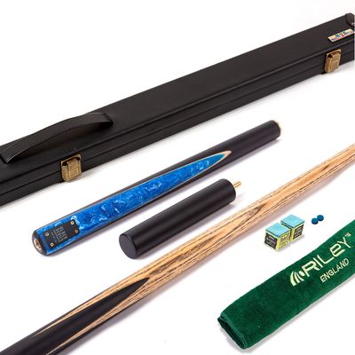 BCE Black Series - 3 Piece Snooker Cue and Hard Case - 3/4 Cut Cue - Layered Ebonised Black Wood Butt - 9.5mm Tip - 145cm - Black/ Blue and White Marbleised Resin