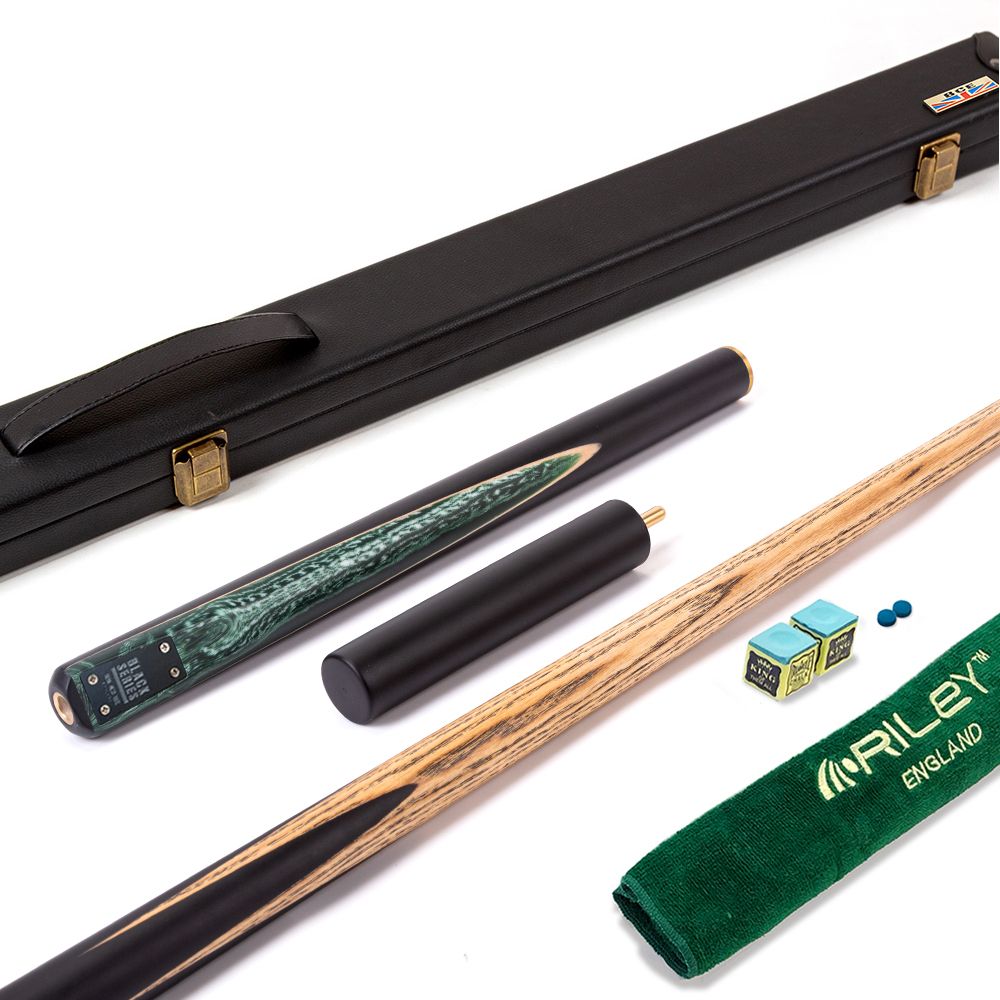 BCE Black Series - 3 Piece Snooker Cue and Hard Case - 3/4 Cut Cue - Layered Ebonised Black Wood Butt - 9.5mm Tip - 145cm - Black/ Green and White Marbleised Resin