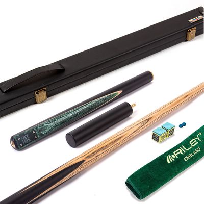 BCE Black Series - 3 Piece Snooker Cue and Hard Case - 3/4 Cut Cue - Layered Ebonised Black Wood Butt - 9.5mm Tip - 145cm - Black/ Green and White Marbleised Resin