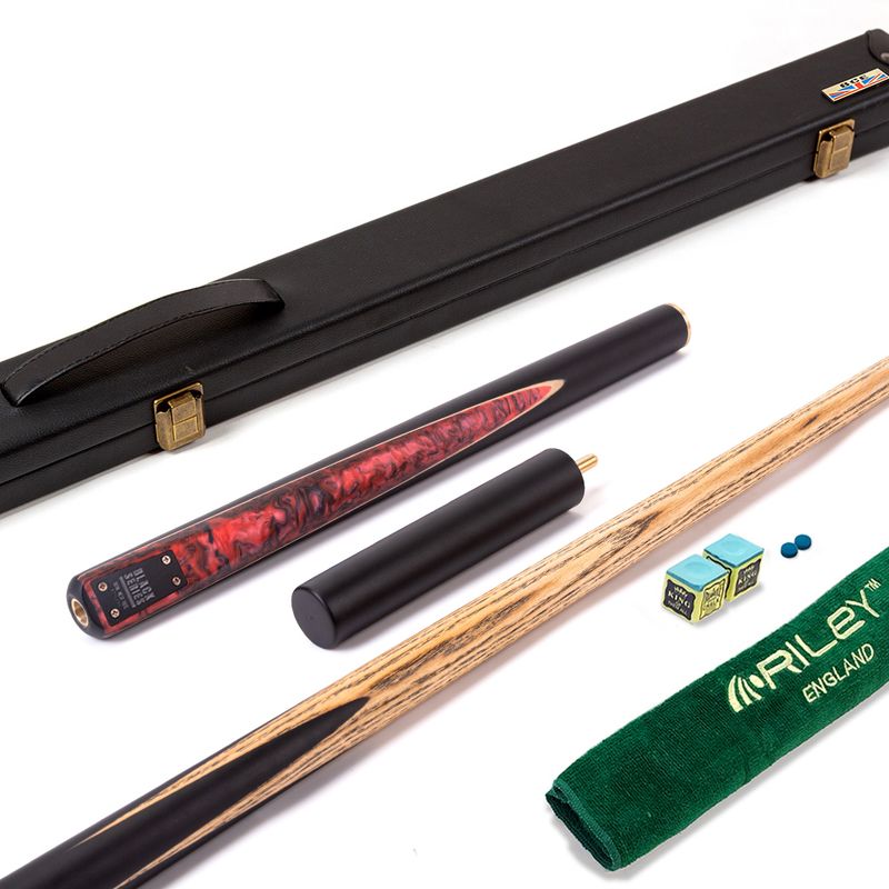 BCE Black Series - 3 Piece Snooker Cue and Hard Case - 3/4 Cut Cue - Layered Ebonised Black Wood Butt - 9.5mm Tip - 145cm - Black/ Red and Black Marbleised Resin