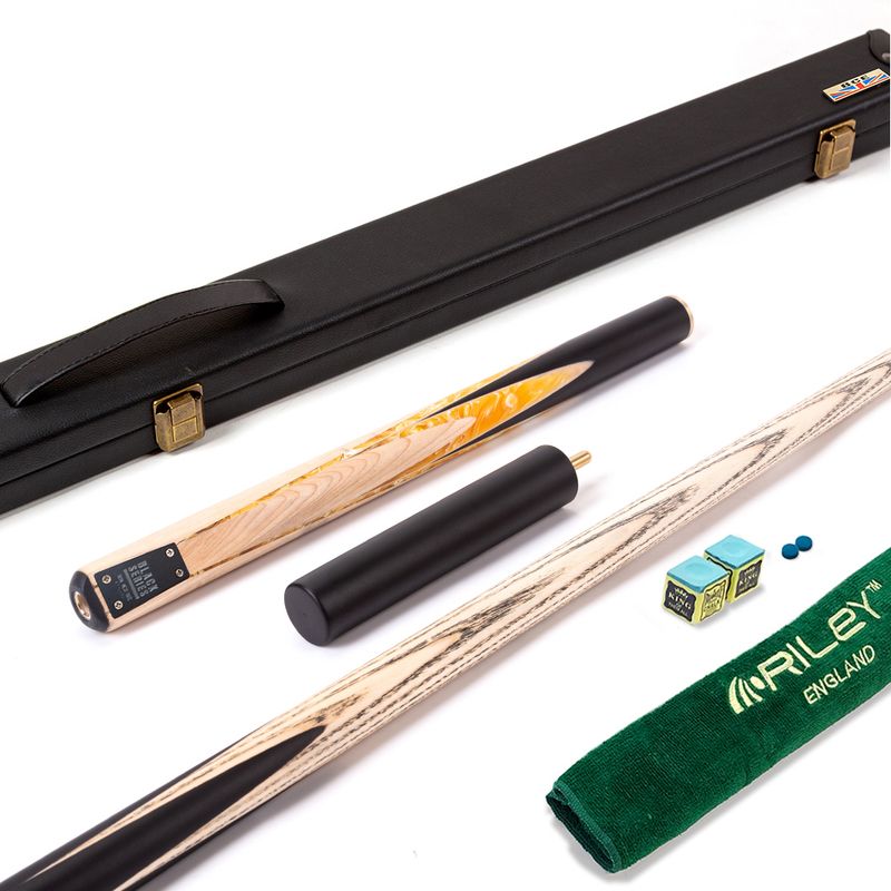 BCE Black Series - 3 Piece Snooker Cue and Hard Case - 3/4 Cut Cue - Layered Ebonised Black Wood Butt - 9.5mm Tip - 145cm - Black/ Yellow and White Marbleised Resin / Natural Wood