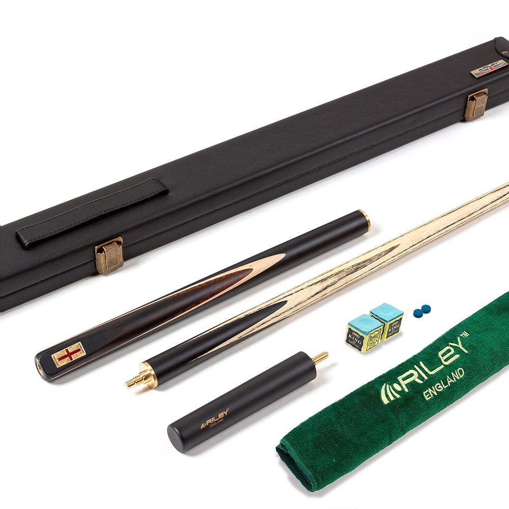 Riley England 3 Piece English Pool Cue 3/4 Cut - 9mm Tip - 145cm - Black/ Snake Wood/ Ash - with Deluxe Hard Case