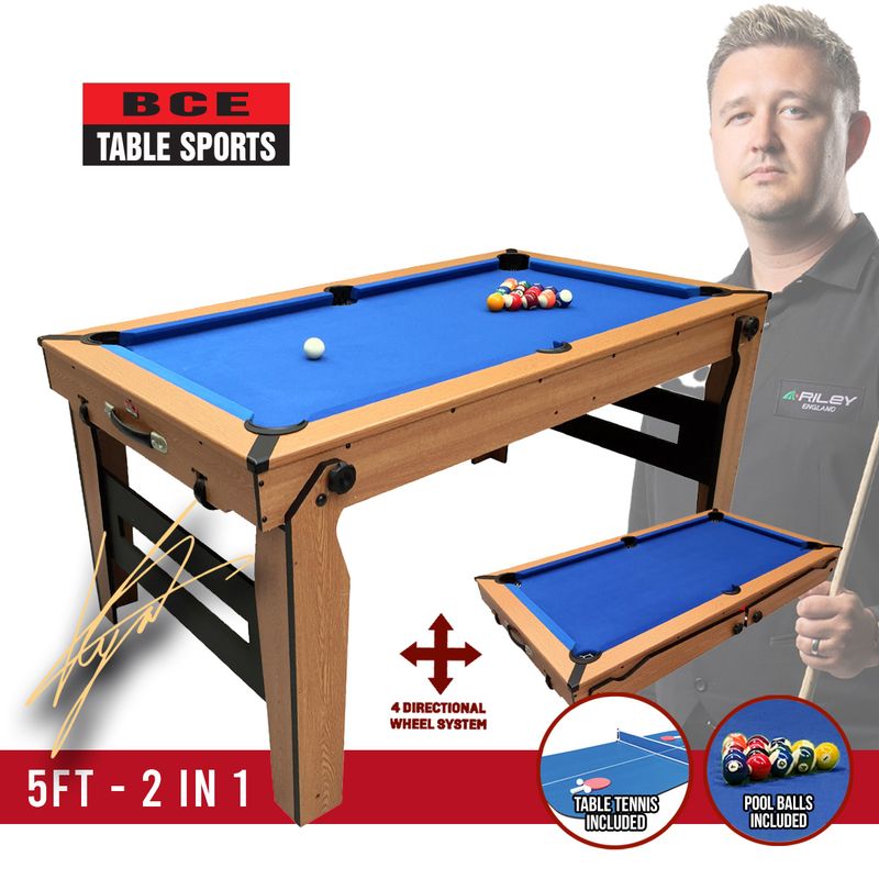 BCE 5ft Razor Folding 2 in 1 Pool Table with Table Tennis Top - Blue Cloth/ Oak Finish - Folds Flat