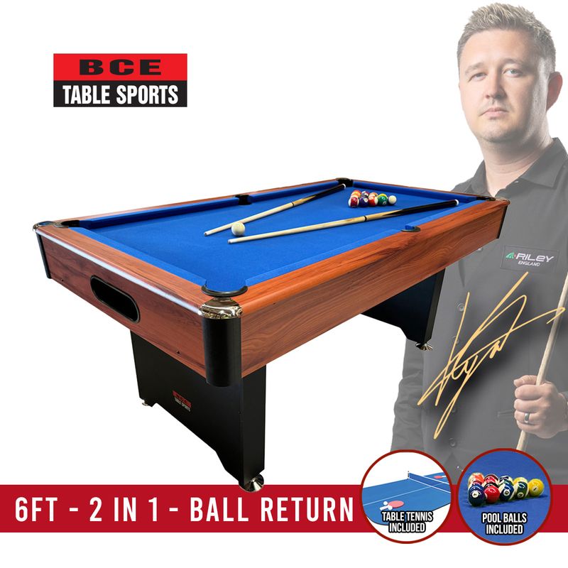BCE 6ft 2 in 1 American Pool Table with Table Tennis Top - Black/Wood Effect with Blue Cloth - Fixed Leg - Ball Return System