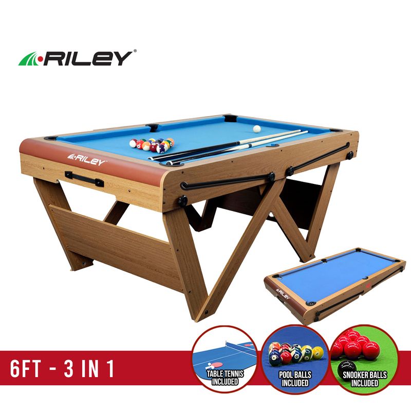 Riley 6ft Folding Snooker and Pool Table - Oak Finish with Blue Cloth - Folds Flat