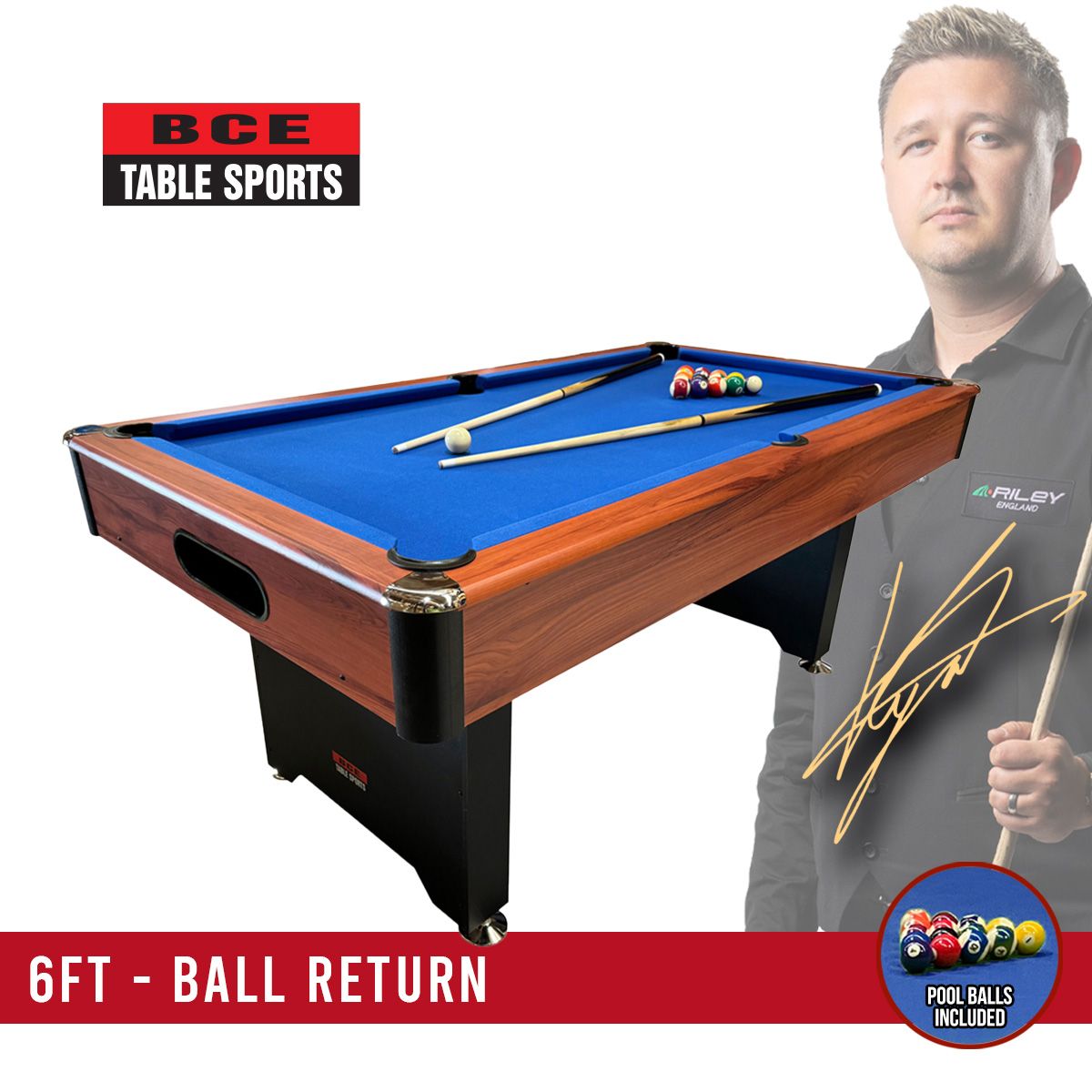 BCE 6ft American Pool Table - Black/Wood Effect with Blue Cloth - Fixed Leg - Ball Return System