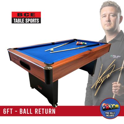 BCE 6ft American Pool Table - Black/Wood Effect with Blue Cloth - Fixed Leg - Ball Return System