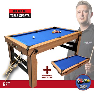 BCE 6ft Razor Folding Pool Table - Blue Cloth/ Oak Finish - Folds Flat