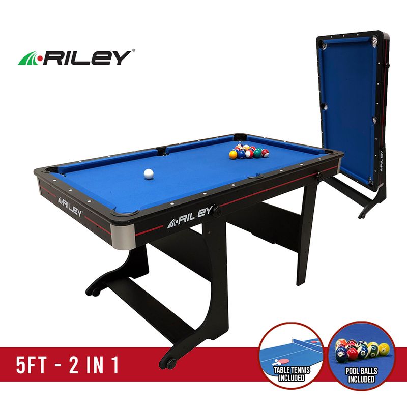 Riley 5ft 2 in 1 Folding Pool Table with Table Tennis Table - Black with Blue Cloth - Folds Vertically