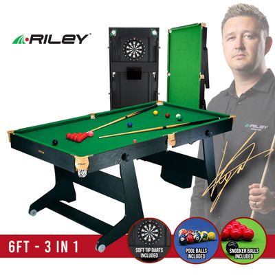 Riley 6ft 3 in 1 Folding Snooker Table - Snooker, Pool and Dartboard - Black/Wood Effect with Green Cloth - Folds Vertically