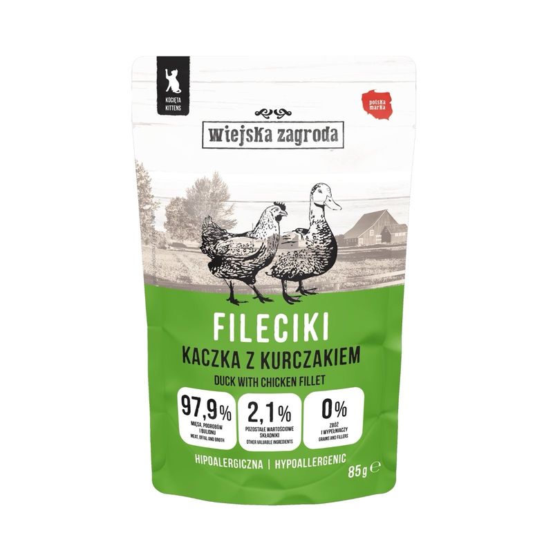 WIEJSKA ZAGRODA Karma mokra dla kota - Fileciki Kaczka z kurczakiem (kociak) 85g