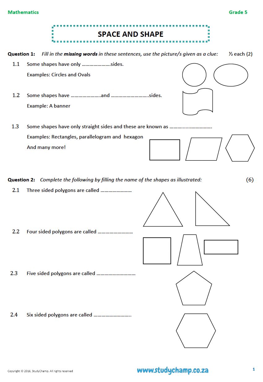 Grade 5 Mathematics Worksheet: Geometry - Shape and Space
